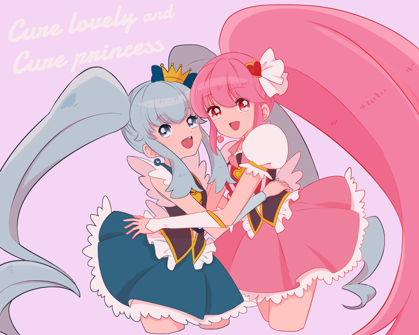 aino_megumi blue_eyes blue_hair blue_skirt character_name crown cure_lovely cure_princess earrings hair_ornament happinesscharge_precure! heart heart_hair_ornament hug jewelry light_blue_hair long_hair magical_girl meko_(2344927) mini_crown multiple_girls pink_background pink_eyes pink_hair pink_skirt ponytail precure shirayuki_hime sidelocks skirt smile twintails wide_ponytail wrist_cuffs