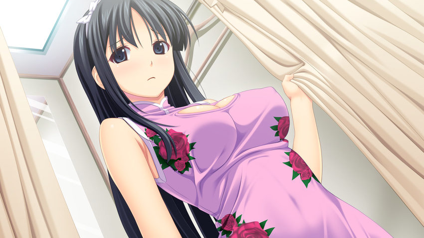 1girl bare_shoulders black_eyes black_hair breasts bust cleavage cleavage_cutout erect_nipples fukami_nagisa game_cg hair_ribbon highres koutaro long_hair ribbon solo standing tropical_kiss tropical_vacation twinkle_(company) twinkle_soft upper_body