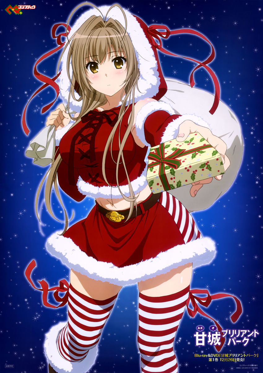 absurdres amagi_brilliant_park antenna_hair artist_request box christmas comptiq copyright_name gift gift_box hair_intakes hat highres incoming_gift long_hair magazine_scan midriff navel official_art ribbon santa_costume santa_hat scan sento_isuzu skirt solo striped striped_legwear thigh_ribbon thighhighs zettai_ryouiki