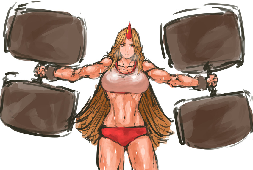 blonde_hair breasts cuffs highres horn hoshiguma_yuugi large_breasts long_hair midriff muscle muscular_female nameo_(judgemasterkou) navel red_eyes shackles short_shorts shorts smile solo sports_bra strong sweat thighs touhou weightlifting