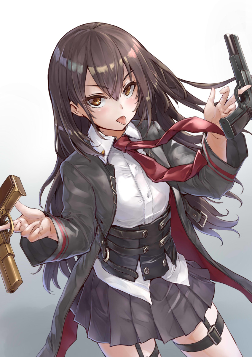 1girl bangs black_hair brown_eyes collared_shirt commentary_request eyebrows_visible_through_hair girls_frontline gun hair_between_eyes handgun highres holding jacket long_hair long_sleeves looking_at_viewer necktie nz_75 nz_75_(girls_frontline) pistol pleated_skirt potato_tacos red_neckwear shirt simple_background skirt solo strap tongue tongue_out weapon white_shirt