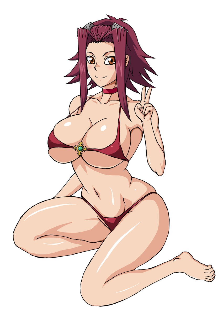 1girl bikini breasts brown_eyes cleavage izayoi_aki kneeling large_breasts naruho red_hair swimsuit v yu-gi-oh! yuu-gi-ou_5d's