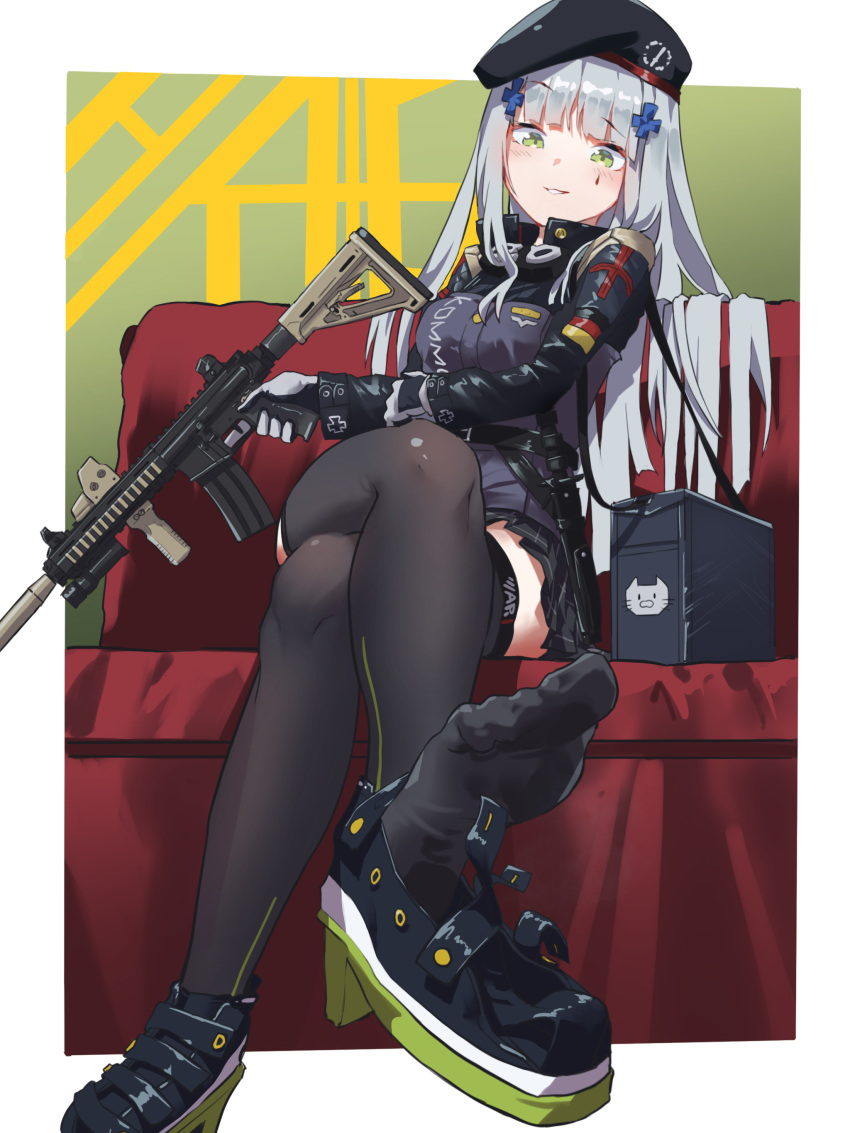 1girl aamond absurdres assault_rifle bangs belt beret black_footwear black_hat black_legwear blunt_bangs boots breasts commentary_request eyebrows_visible_through_hair facial_mark girls_frontline gloves green_eyes grin gun h&amp;k_hk416 hair_ornament hat heckler_&amp;_koch highres hk416_(girls_frontline) holding holding_gun holding_weapon holster jacket knife long_hair looking_at_viewer parted_lips plaid plaid_skirt rifle silver_hair simple_background sitting skirt smile solo teardrop thigh_holster thigh_strap thighhighs trigger_discipline weapon