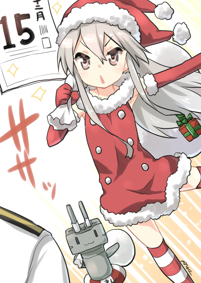 1girl absurdres admiral_(kantai_collection) brown_eyes elbow_gloves gift gloves highres innertube kantai_collection long_hair open_mouth red_gloves rensouhou-chan ryuki_(ryukisukune) sack santa_costume shimakaze_(kantai_collection) sidelocks silver_hair sparkle striped striped_legwear thighhighs ||_||