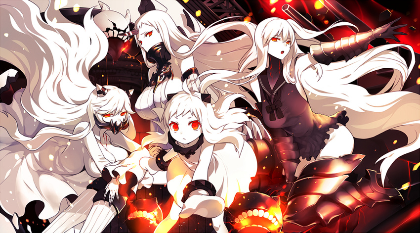 aircraft_carrier_oni banned_artist harano horns kantai_collection midway_hime multiple_girls northern_ocean_hime red_eyes seaport_hime shinkaisei-kan white_hair white_skin
