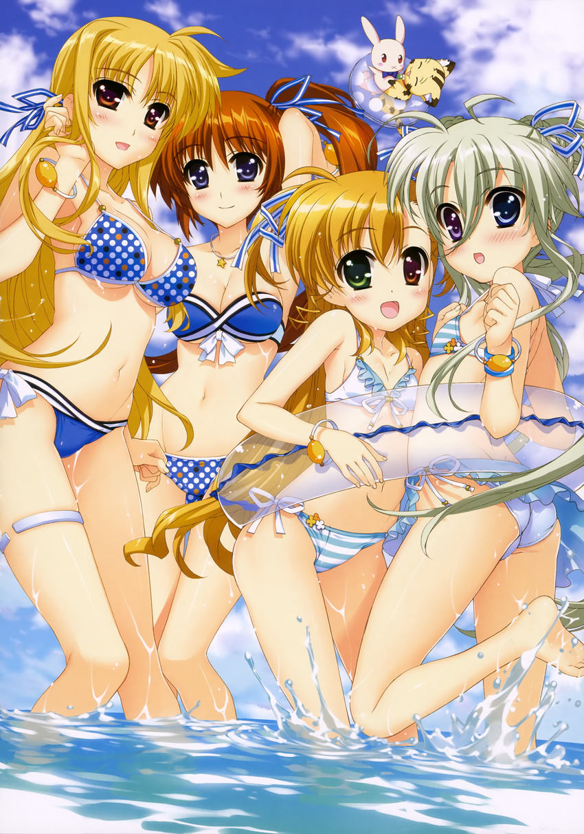 :d absurdres arm_up ass asteion bandeau bangle bare_legs barefoot bikini blonde_hair blue_eyes blush bracelet breasts cleavage day einhart_stratos fate_testarossa flat_chest frilled_bikini frills front-tie_top fujima_takuya hair_ribbon hair_tucking heterochromia highres innertube jewelry leg_up long_hair looking_at_viewer lyrical_nanoha mahou_shoujo_lyrical_nanoha mahou_shoujo_lyrical_nanoha_vivid multiple_girls navel necklace open_mouth polka_dot polka_dot_bikini polka_dot_swimsuit purple_eyes red_eyes red_hair ribbon sacred_heart scan shared_innertube shiny shiny_skin side-tie_bikini side_ponytail skindentation smile splashing strap_gap striped striped_bikini striped_swimsuit swimsuit takamachi_nanoha thigh_strap very_long_hair vivio wading water wristband