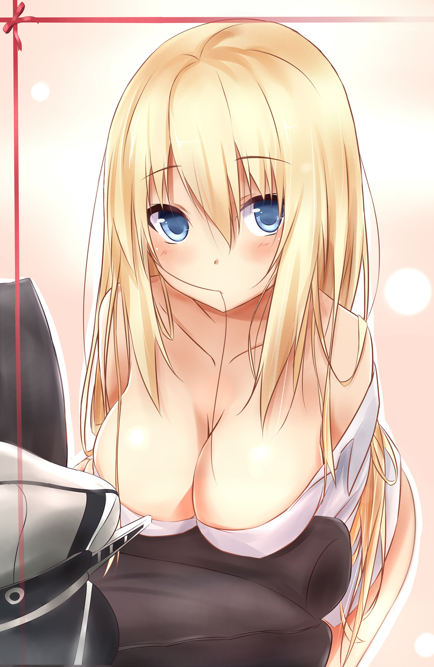 absurdres bangs bare_shoulders bismarck_(kantai_collection) blonde_hair blue_eyes breast_rest breasts chair commentary_request dress eyebrows_visible_through_hair hair_between_eyes hair_in_mouth hat hat_removed headwear_removed highres kantai_collection large_breasts long_hair looking_at_viewer md5_mismatch mouth_hold off_shoulder saku_(kudrove) solo