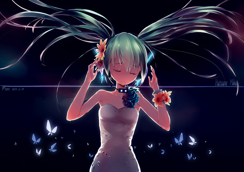 absurdres character_name closed_eyes f3d floating_hair flower green_hair hair_flower hair_ornament hatsune_miku headset highres long_hair solo twintails very_long_hair vocaloid
