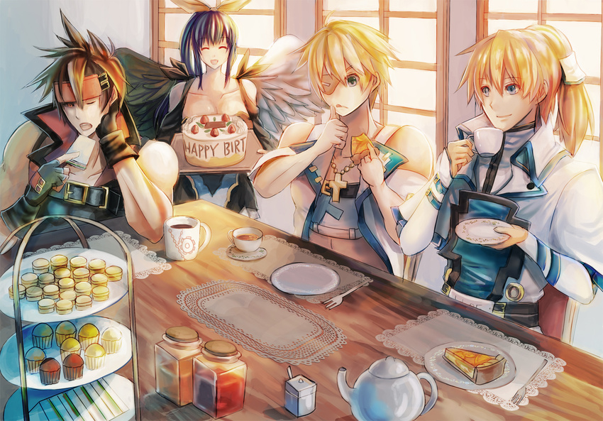 3boys bare_shoulders birthday birthday_cake blue_eyes bow brown_hair cake collarbone cross cross_necklace cup dizzy eyepatch family father_and_daughter father_and_son food guilty_gear guilty_gear_xrd hair_bow headband husband_and_wife jewelry ky_kiske long_hair mother_and_son multiple_boys necklace ponytail shinrin_kusaba sin_kiske sol_badguy tea teacup tiered_tray wings