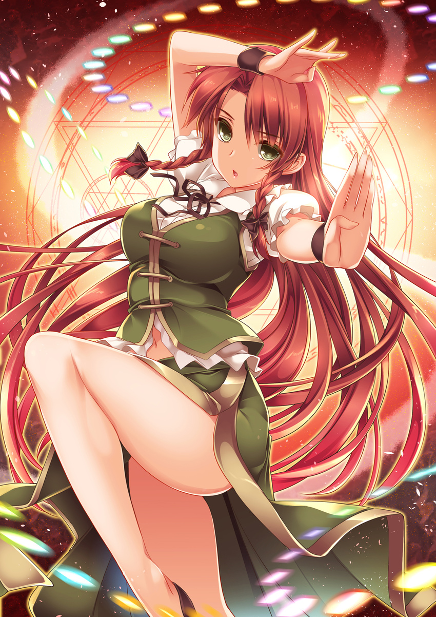 :o arm_over_head arm_up bare_legs braid breasts danmaku dress fighting_stance green_eyes highres hong_meiling large_breasts leg_up legs long_hair looking_at_viewer magic_circle moneti_(daifuku) outstretched_arm red_hair side_slit solo spell_card touhou twin_braids very_long_hair