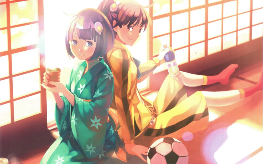 ahoge araragi_karen araragi_tsukihi back-to-back ball black_hair blue_eyes blush bob_cut bottle brown_eyes cup green_tea hair_ornament highres hood hooded_track_jacket jacket japanese_clothes kimono light_smile long_hair looking_back monogatari_(series) multiple_girls nisemonogatari non-web_source parted_lips ponytail red_legwear seiza short_hair shouji siblings sisters sitting sliding_doors soccer_ball socks sunlight tatami tea telstar track_jacket vofan water_bottle yellow_jacket yunomi