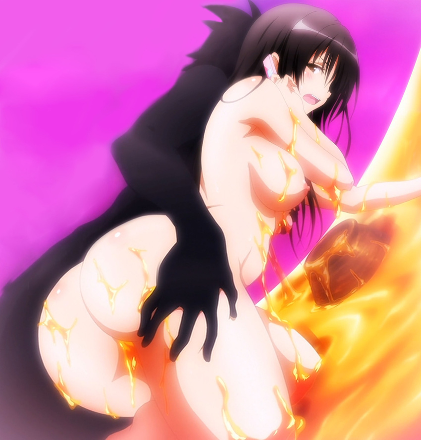 1girl areolae ass ass_grab breasts brown_hair highres kotegawa_yui large_breasts long_hair looking_at_viewer nipples nude open_mouth screencap side_view thighs to_love-ru to_love-ru_darkness xebec