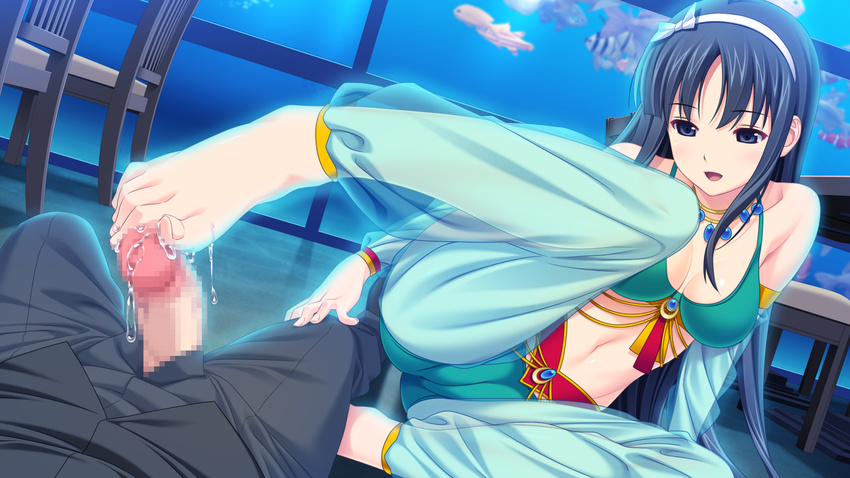 1boy 1girl arabian_clothes barefoot black_hair censored feet footjob fukami_nagisa game_cg highres koutaro long_hair mosaic_censoring open_mouth penis protagonist_(tropical_vacation) tropical_kiss tropical_vacation twinkle_(company) twinkle_soft