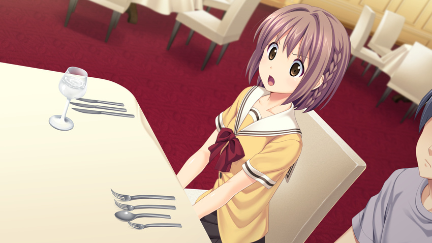 1girl brown_eyes brown_hair chair game_cg highres kitami_minamo koutaro open_mouth protagonist_(tropical_vacation) short_hair smile table tropical_kiss tropical_vacation twinkle_(company) twinkle_soft