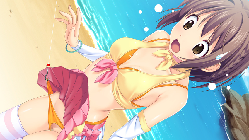 assisted_exposure beach bikini bikini_under_clothes bow bracelet braid breasts brown_eyes brown_hair censored cleavage cowboy_shot crop_top day detached_sleeves dutch_angle fishing_hook fishing_line front-tie_top highres jewelry kitami_minamo koutaro looking_down medium_breasts open_mouth ribbon shiny shiny_skin short_hair skindentation skirt skirt_lift solo striped striped_legwear sweatdrop swimsuit swimsuit_under_clothes thighhighs tropical_vacation