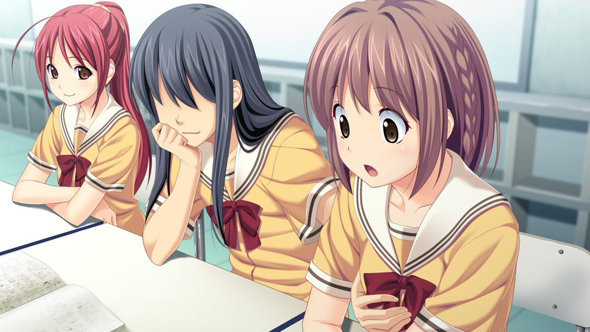 2girls black_hair breast_grab brown_eyes brown_hair crossdressing game_cg grabbing highres kitami_minamo koigakubo_chihaya koutaro long_hair multiple_girls ponytail protagonist_(tropical_vacation) red_hair short_hair smile table trap tropical_kiss tropical_vacation twinkle_(company) twinkle_soft