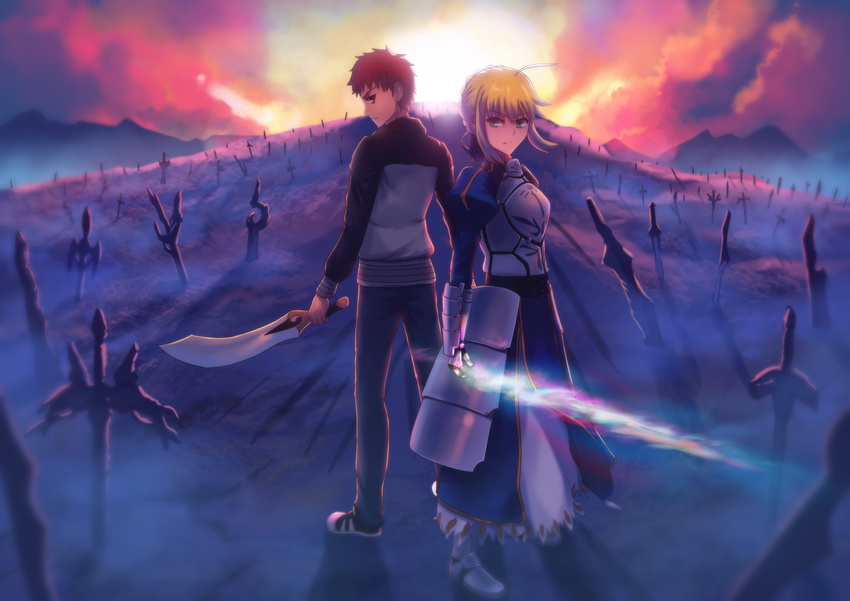 1girl ahoge armor armored_dress artoria_pendragon_(all) bad_id bad_pixiv_id blonde_hair dual_wielding emiya_shirou excalibur fate/stay_night fate_(series) fateline_alpha field_of_blades green_eyes highres hill holding holding_sword holding_weapon invisible_air jacket kanshou_&amp;_bakuya planted_sword planted_weapon red_eyes red_hair saber sunset sword track_jacket weapon