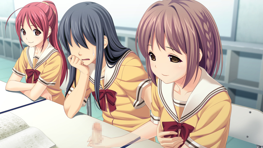 2girls black_hair breast_grab brown_eyes brown_hair censored crossdressing game_cg grabbing highres kitami_minamo koigakubo_chihaya koutaro long_hair mosaic_censoring multiple_girls penis ponytail red_hair short_hair smile table trap tropical_kiss tropical_vacation twinkle_(company) twinkle_soft