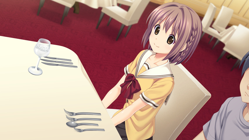 1girl brown_eyes brown_hair chair game_cg highres kitami_minamo koutaro protagonist_(tropical_vacation) short_hair smile table tropical_kiss tropical_vacation twinkle_(company) twinkle_soft