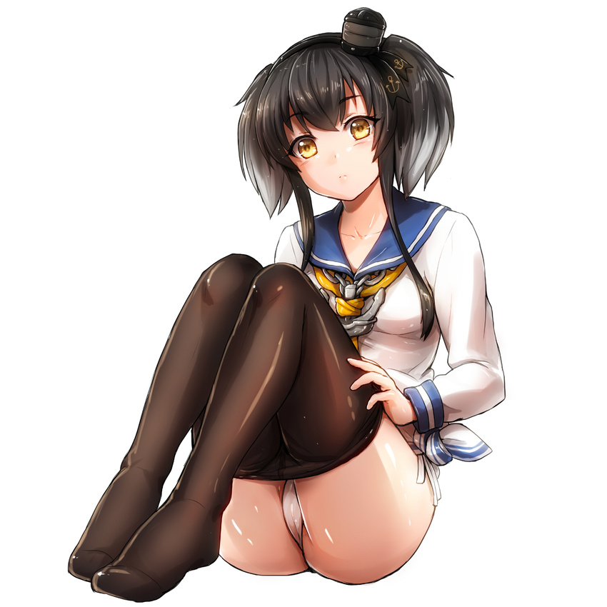 anchor black_hair black_legwear brown_hair eri_(resia) hat highres kantai_collection knees_up long_legs long_sleeves mini_hat panties pantyhose pantyhose_pull pantyshot pantyshot_(sitting) sailor_collar school_uniform serafuku shirt side-tie_panties simple_background sitting string_panties tokitsukaze_(kantai_collection) underwear undressing white_background white_panties white_shirt yellow_eyes