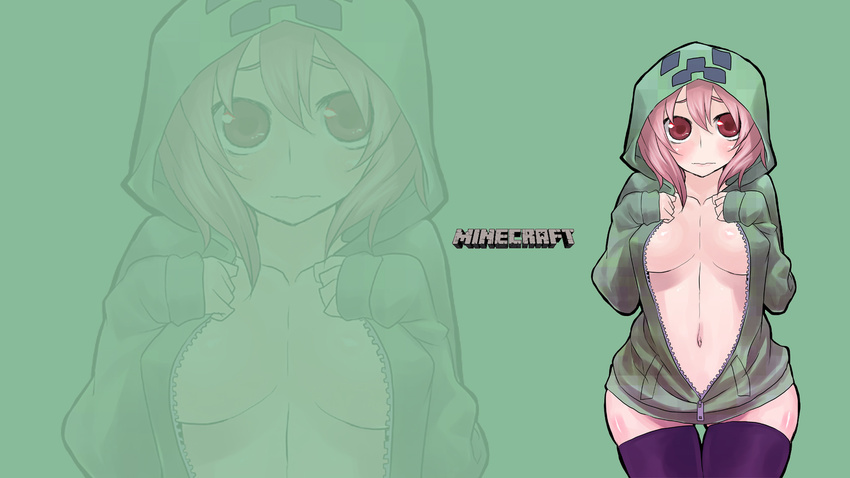 creeper green minecraft naked_hoodie personification pink_hair red_eyes zoom_layer