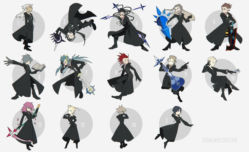 2girls axel bebe book card cloak demyx dual_wielding gun hood kingdom_hearts larxene lexaeus luxord marluxia multiple_boys multiple_girls organization_xiii petals polearm pose rose_petals roxas saix scythe shield spear vexen weapon xaldin xemnas xigbar xion_(kingdom_hearts) zexion