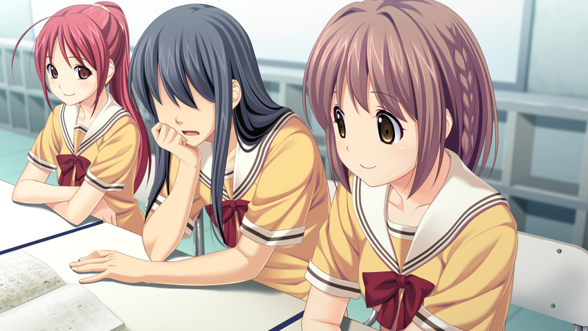 2girls black_hair brown_eyes brown_hair crossdressing game_cg highres kitami_minamo koigakubo_chihaya koutaro long_hair multiple_girls ponytail red_hair short_hair smile table trap tropical_kiss tropical_vacation twinkle_(company) twinkle_soft