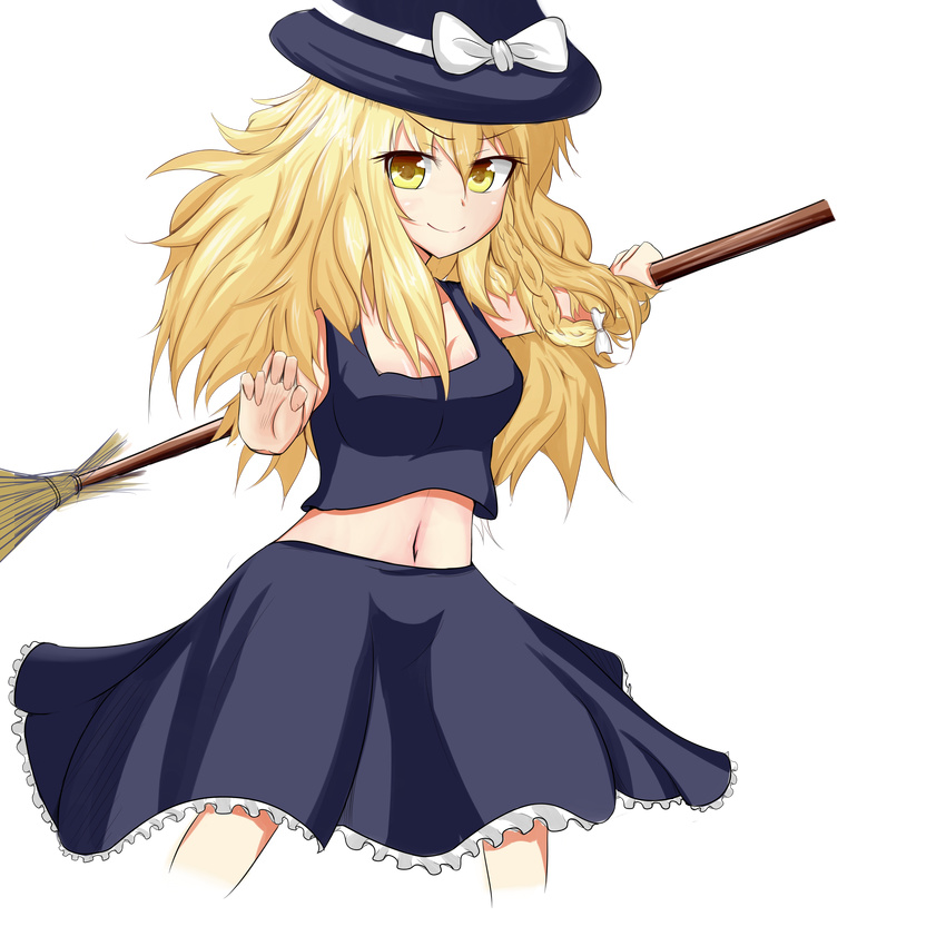 absurdres adapted_costume bad_id bad_pixiv_id blonde_hair bow braid broom cowboy_shot hair_bow hat highres kirisame_marisa long_hair looking_at_viewer messy_hair midriff navel septet_(zrca_janne) side_braid skirt smile smug solo tank_top touhou transparent_background tsurime witch_hat yellow_eyes