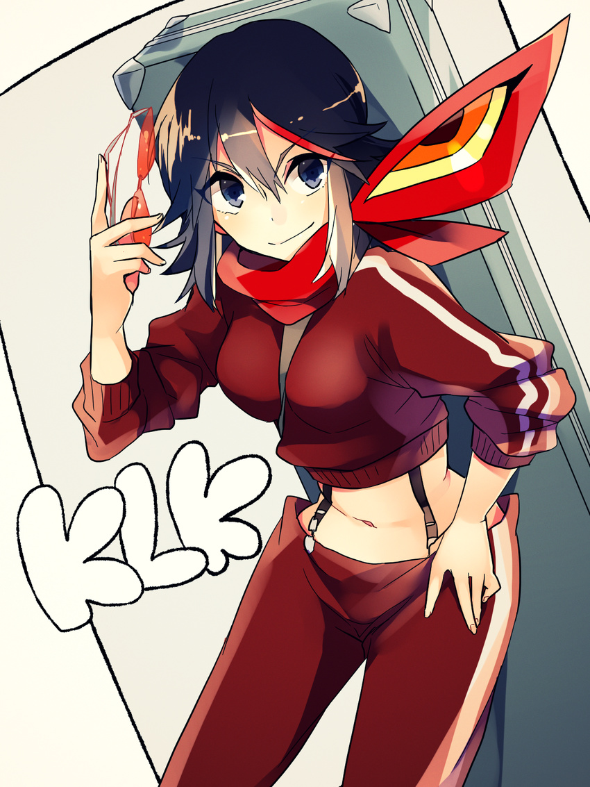 anko_(kirikiri) black_hair blue_eyes eyewear_removed highres holding holding_eyewear kill_la_kill matoi_ryuuko midriff multicolored_hair pants scarf senketsu senketsu_(scarf) short_hair simple_background smile solo sunglasses track_pants two-tone_hair