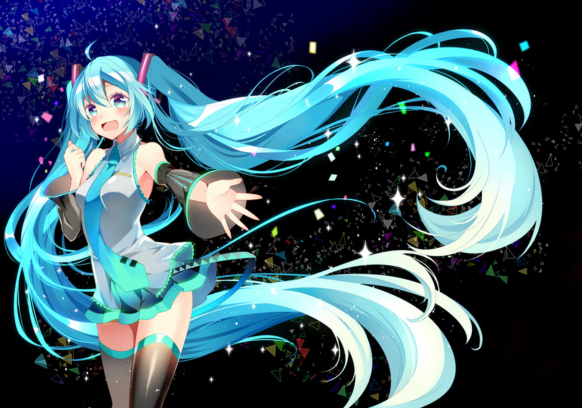 ahoge aqua_eyes aqua_hair blush detached_sleeves floating_hair hatsune_miku highres long_hair necktie open_mouth outstretched_arm skirt solo temari_(deae) thighhighs twintails very_long_hair vocaloid