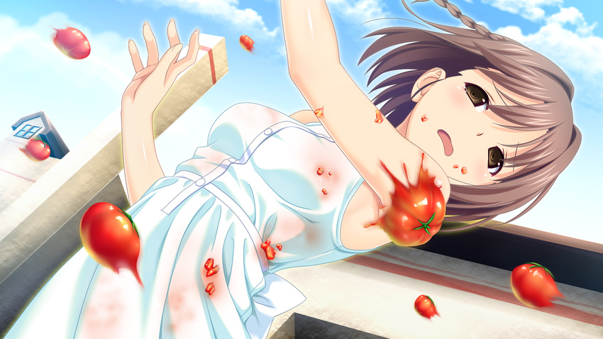 1girl brown_eyes brown_hair game_cg highres kitami_minamo koutaro open_mouth short_hair tomato tropical_kiss tropical_vacation twinkle_(company) twinkle_soft