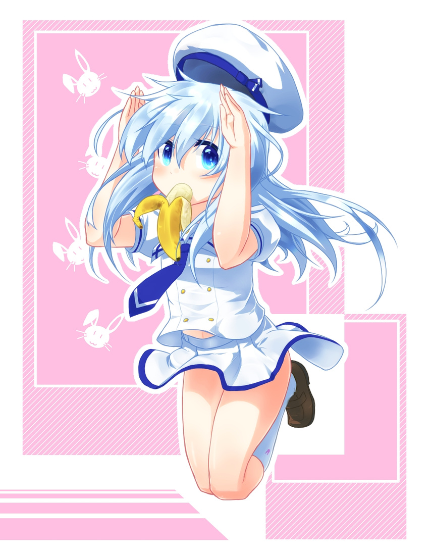 1girl banana blue_eyes blue_hair bunny_pose food fruit gochuumon_wa_usagi_desu_ka? gochuumon_wa_usagi_desuka? hat inori_(xyz5568) jumping kafuu_chino looking_at_viewer school_uniform skirt solo uniform