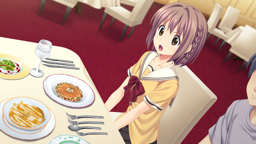 1girl brown_eyes brown_hair chair food game_cg highres kitami_minamo koutaro open_mouth protagonist_(tropical_vacation) short_hair smile table tropical_kiss tropical_vacation twinkle_(company) twinkle_soft