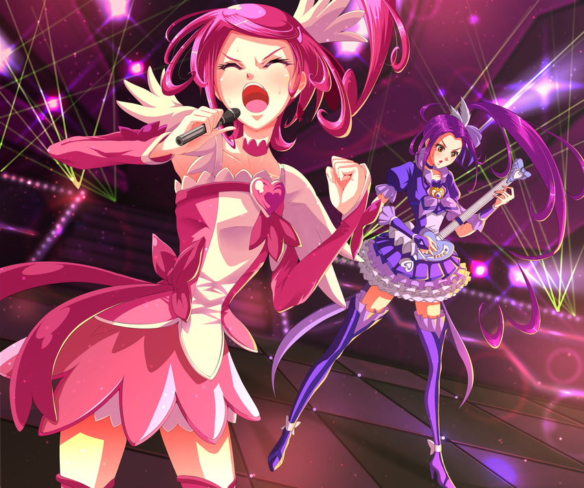 blue_choker boots brown_eyes choker closed_eyes cure_beat cure_sword dokidoki!_precure electric_guitar frilled_skirt frills guitar heart highres instrument kenzaki_makoto kurokawa_eren magical_girl microphone multiple_girls music open_mouth pink_hair precure purple_choker purple_footwear purple_hair seiren_(suite_precure) short_hair side_ponytail singing skirt suite_precure thigh_boots thighhighs zwei_(santanawamuujojo)