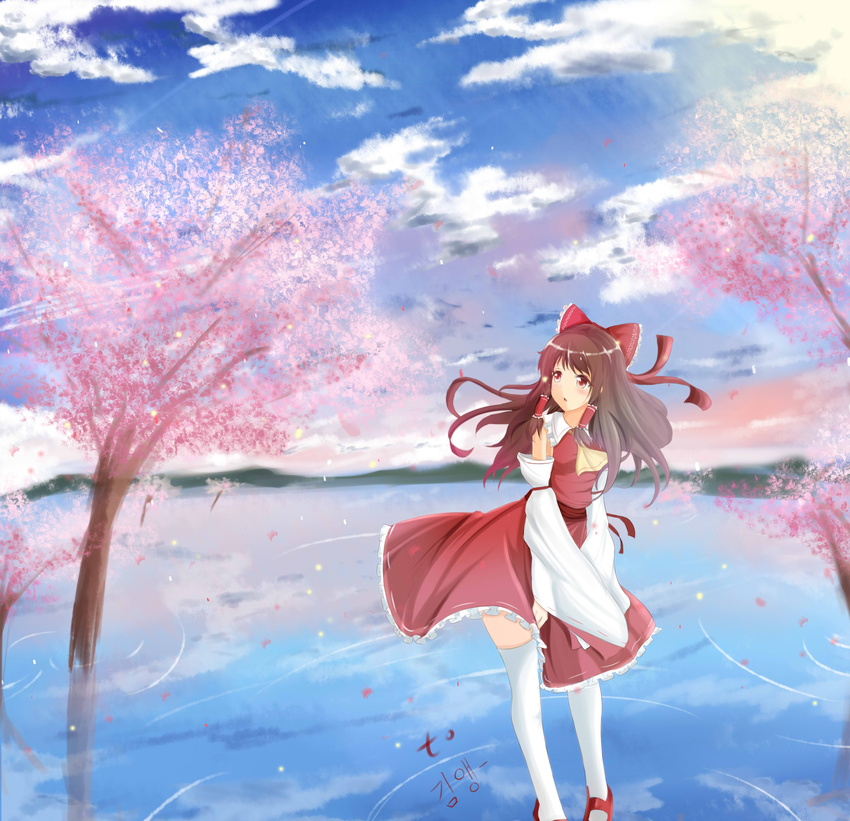 absurdres ascot bad_id bad_pixiv_id bare_shoulders blouse blush bow brown_hair cherry_blossoms cloud cloudy_sky day detached_sleeves hair_bow hair_tubes hakurei_reimu highres korean long_hair looking_away open_mouth red_eyes ripples septet_(zrca_janne) shoes skirt skirt_set sky solo standing standing_on_liquid thighhighs touhou uwabaki water wide_sleeves wind