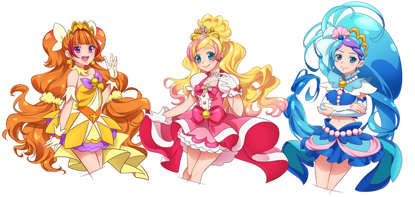 3girls amanogawa_kirara aqua_eyes arm_warmers blonde_hair blue_eyes blue_hair bow brown_hair choker crossed_arms cure_flora cure_mermaid cure_twinkle earrings flower_earrings gloves go!_princess_precure hair_ribbon half_updo haruno_haruka highres jewelry kaidou_minami long_hair low-tied_long_hair magical_girl midriff multicolored_hair multiple_girls pink_bow pink_hair pink_skirt precure puffy_sleeves purple_eyes purple_hair quad_tails red_hair ribbon seashell_earrings skirt smile star star_earrings streaked_hair tiara twintails two-tone_hair white_background