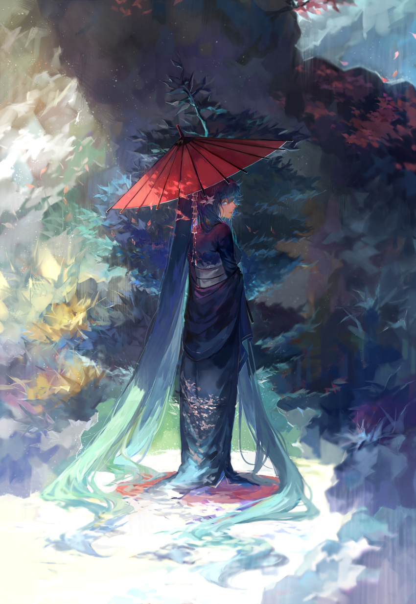 absurdly_long_hair aqua_hair autumn_leaves blue_eyes bush full_body hatsune_miku highres japanese_clothes kimono long_hair looking_at_viewer looking_back oriental_umbrella parasol plant solo standing tang_elen tree umbrella very_long_hair vocaloid