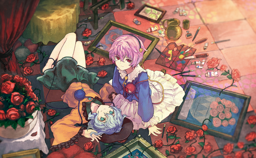 art_brush barefoot checkered checkered_floor curtains drawing_equipment flower green_eyes hairband hat heart kitsune_(kazenouta) komeiji_koishi komeiji_satori long_sleeves looking_at_viewer lying multiple_girls on_back on_floor paintbrush painting_(object) palette pink_eyes pink_hair plant red_flower red_rose rose shirt siblings silver_hair sisters skirt table third_eye tile_floor tiles touhou upside-down vines wide_sleeves