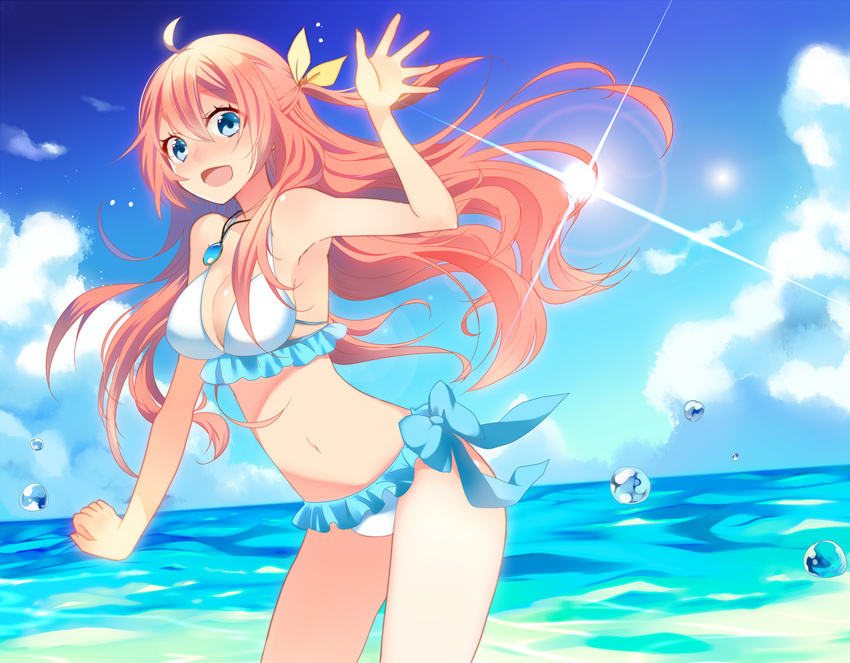 bikini blue_eyes breasts cleavage cloud day highres lens_flare long_hair medium_breasts megurine_luka ocean pink_hair solo sun swimsuit temari_(deae) vocaloid water_drop