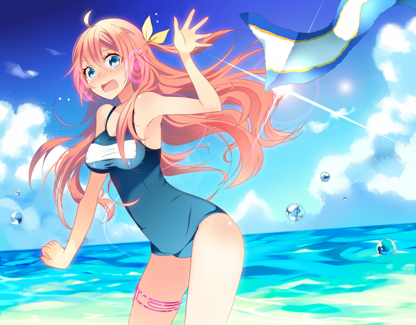 blue_eyes breasts cleavage cloud day highres lens_flare long_hair medium_breasts megurine_luka ocean one-piece_swimsuit open_mouth pink_hair school_swimsuit solo sun swimsuit tears temari_(deae) towel vocaloid water_drop wavy_mouth
