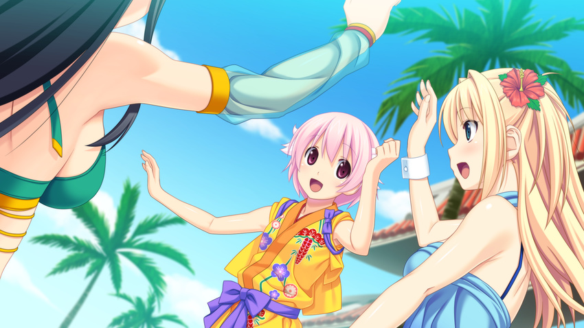 1girl black_hair blue_eyes blush flower fukami_nagisa game_cg hair_flower hair_ornament highres kagurazaka_namine koutaro open_mouth pink_eyes pink_hair short_hair takara_ichiko tropical_kiss tropical_vacation twinkle_(company) twinkle_soft