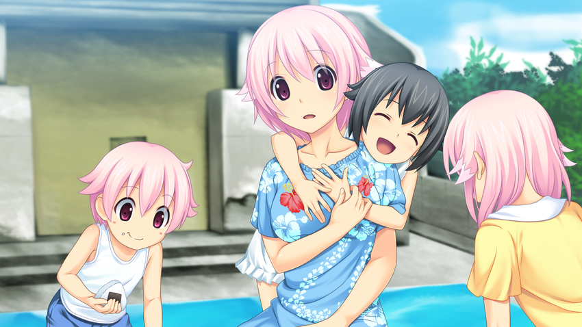 blush breasts character_request child children eyes_closed game_cg hair_ornament highres koutaro open_mouth pink_eyes pink_hair short_hair takara_ichiko tropical_kiss tropical_vacation twinkle_(company) twinkle_soft