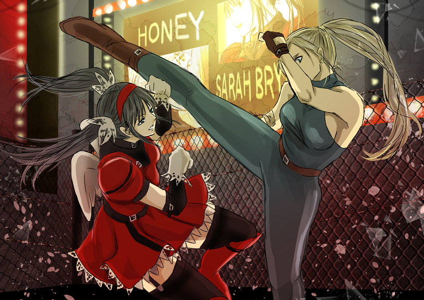 battle belt black_hair black_legwear blonde_hair blue_eyes bodysuit boots breasts chain-link_fence company_connection detached_sleeves dodging dress duel fence fighting_vipers fingerless_gloves garter_straps gloves hairband hayame_(m_ayame) high_kick honey_(fighting_vipers) kicking long_hair medium_breasts mini_wings multiple_girls ponytail puffy_sleeves red_dress sarah_bryant scrunchie sega sideboob sleeveless thighhighs twintails virtua_fighter white_gloves