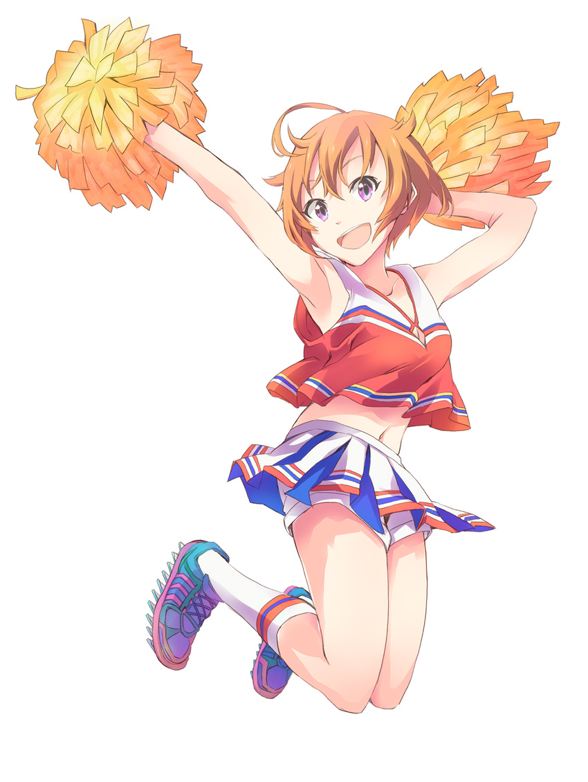 :d ahoge armpits arms_up bad_id bad_pixiv_id cheerleader cleavage_cutout crop_top crop_top_overhang highres ibuki_tsubasa idolmaster idolmaster_million_live! jumping looking_at_viewer midriff miniskirt navel open_mouth orange_hair pleated_skirt pom_poms purple_eyes shoes short_hair shorts shorts_under_skirt simple_background skirt smile solo white_background yoshito