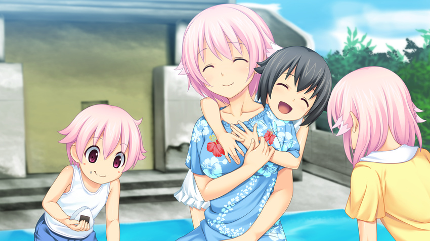 blush breasts character_request child children eyes_closed game_cg hair_ornament highres koutaro open_mouth pink_eyes pink_hair short_hair smile takara_ichiko tropical_kiss tropical_vacation twinkle_(company) twinkle_soft