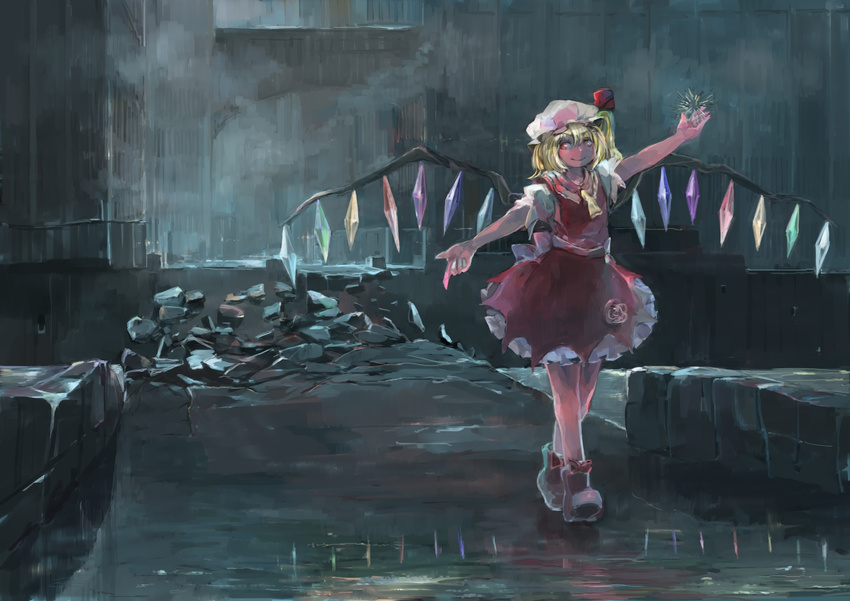 ascot blonde_hair broken crystal flandre_scarlet flower frills full_body hat hat_ribbon highres ichiba_youichi mob_cap outstretched_arms ponytail puffy_short_sleeves puffy_sleeves rain red_eyes ribbon rose sash shirt shoes short_hair short_sleeves side_ponytail skirt skirt_set smile solo touhou vest wings