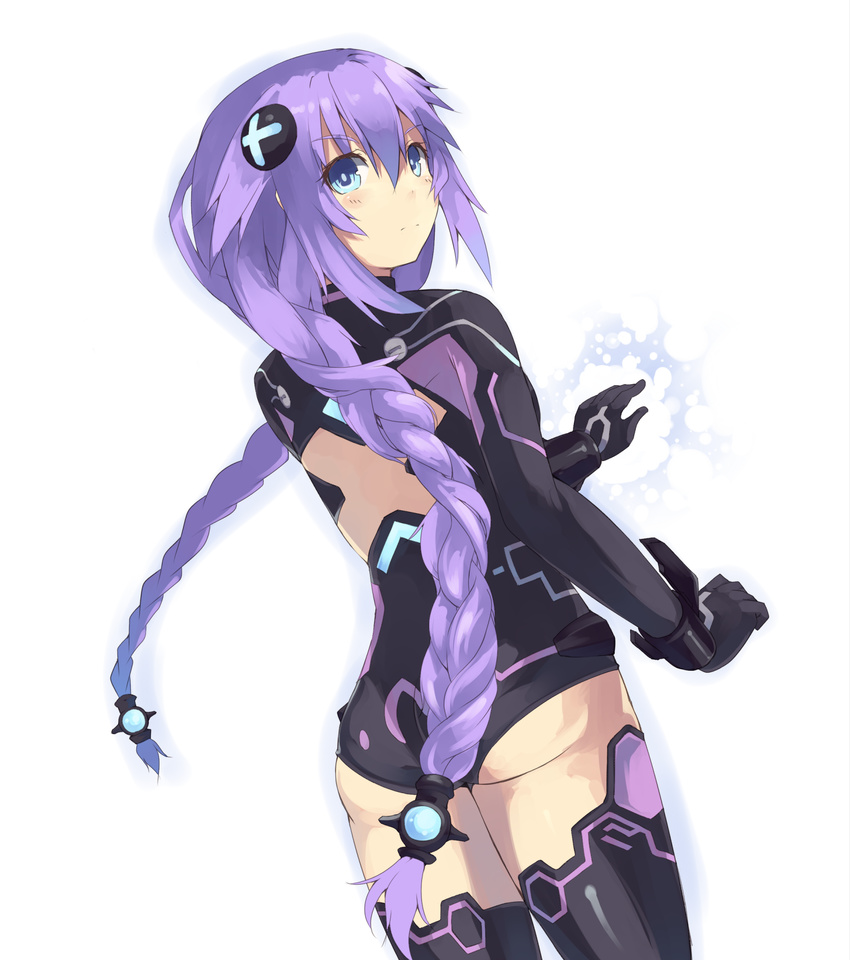 1girl artist_request ass blue_eyes blush bodysuit braid choujigen_game_neptune compile_heart female from_behind gloves hair_ornament hair_tubes highres idea_factory leotard long_hair looking_at_viewer looking_back neptune_(choujigen_game_neptune) neptune_(series) nomalandnomal purple_hair purple_heart solo thighhighs twin_braids very_long_hair