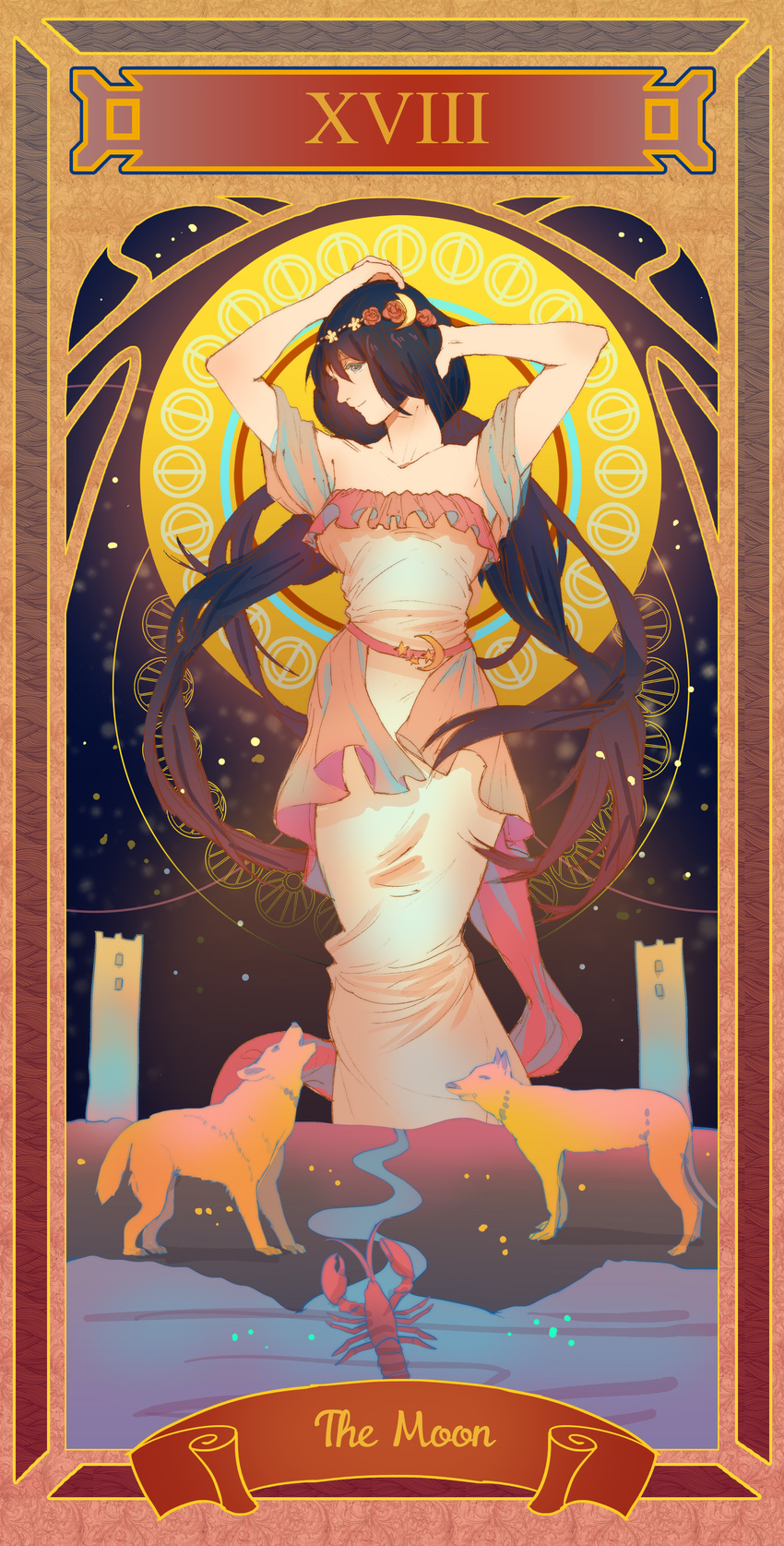 absurdres art_nouveau black_hair breasts colored_eyelashes crescent crescent_hair_ornament dress english flower_wreath frame full_moon gradient_eyes hair_ornament hands_in_hair head_wreath highres howling lobster long_hair long_image love_live! love_live!_school_idol_project medium_breasts moon multicolored multicolored_eyes river roman_numerals smile solo strapless strapless_dress sunyuqian tall_image tarot the_moon toujou_nozomi very_long_hair wolf