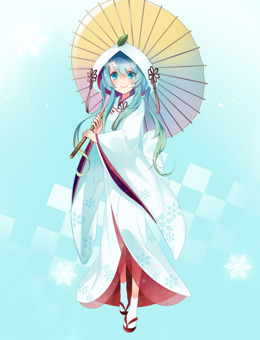 full_body green_eyes green_hair hatsune_miku highres japanese_clothes kimono long_hair oriental_umbrella see-through solo temari_(deae) umbrella vocaloid yuki_miku