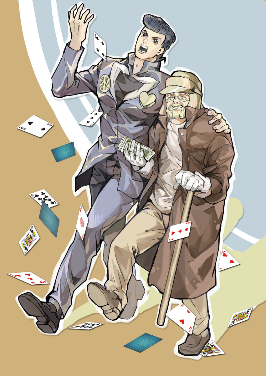 ^_^ absurdres ace age_difference arm_around_shoulder beard black_eyes blonde_hair blue_hair cane card closed_eyes club_(shape) coat facial_hair falling_card father_and_son full_body gakuran glasses gloves hand_up happy hat heart higashikata_jousuke high_collar highres holding jack_(playing_card) jojo_no_kimyou_na_bouken joseph_joestar king_(playing_card) loafers long_coat male_focus money multiple_boys number open_clothes open_coat outline pants peace_symbol pince-nez playing_card pompadour queen_(playing_card) school_uniform shadow shicewlysml shoes spade_(shape) trench_coat walking white_gloves